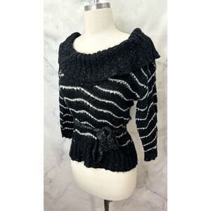 Vintage Y2K Knit Off Shoulder Top Blouse L Goth Black Striped Sweater Mallgoth